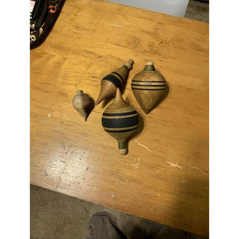 Wooden Spinning Tops/Basket Filler With Brass Accents Black Stripes Set of 4